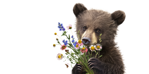 happy little bear with a charming smile, clutching a bouquet of wildflowers in his hands, evoking a feeling of beauty and the arrival of the March 8 holiday on a white background.