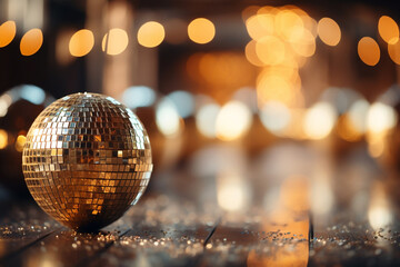 Fototapeta na wymiar golden disco ball shines and glows. party and celebration in the club. lights and bokeh on the background