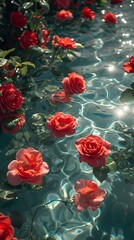 Red rose flower floating on water surface background