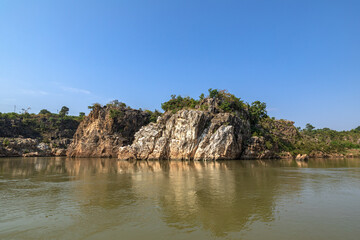 Jabalpur, Madhya Pradesh/India : October 24, 2018 – Dhuandhar waterfall in Narmada river at Bhedaghat, Jabalpur.