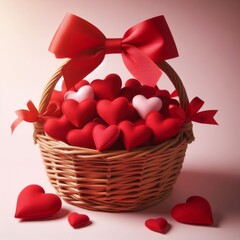 knit basket full of red hearts. 