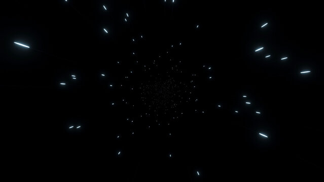 Particle effects or space travel. Abstract star lights moving zoomed in on black background. Hyperspace zoom of different length lines effect.