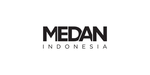Medan in the Indonesia emblem. The design features a geometric style, vector illustration with bold typography in a modern font. The graphic slogan lettering.