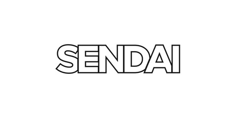 Sendai in the Japan emblem. The design features a geometric style, vector illustration with bold typography in a modern font. The graphic slogan lettering.