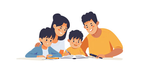 Obraz premium smiling parent helping their children with homework, showing support and encouragement in the learning process, on a white background.