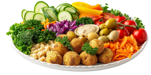 vegetarian dish in mediterranean style with falafel, hummus, olives and fresh vegetables, representing healthy food, isolated on white background.