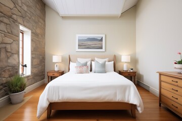 bedroom with stone wall, white linens