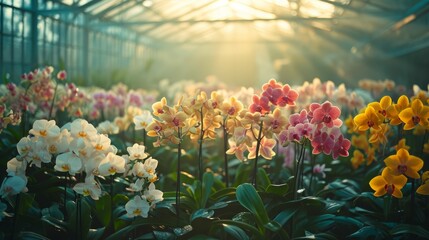 A serene greenhouse filled with exotic orchids, showcasing the secrets of successful cultivation.