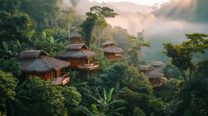 A sustainable eco-lodge nestled in a dense jungle.