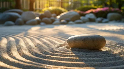 Keuken spatwand met foto A tranquil Zen garden with smooth stones and gently raked sand. © Manyapha