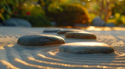 Fotobehang A tranquil Zen garden with smooth stones and gently raked sand. © Manyapha