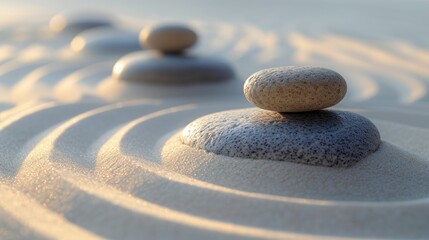 A tranquil Zen garden with smooth stones and gently raked sand.