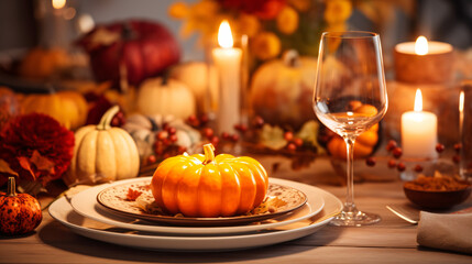 Fototapeta na wymiar Table setting with plate pumpkin and candles