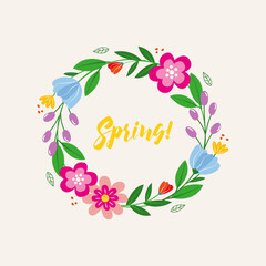 Postcard spring. wreath of flowers and leaves. pink, blue, purple bright flowers in modern style. vector illustration. spring 2024