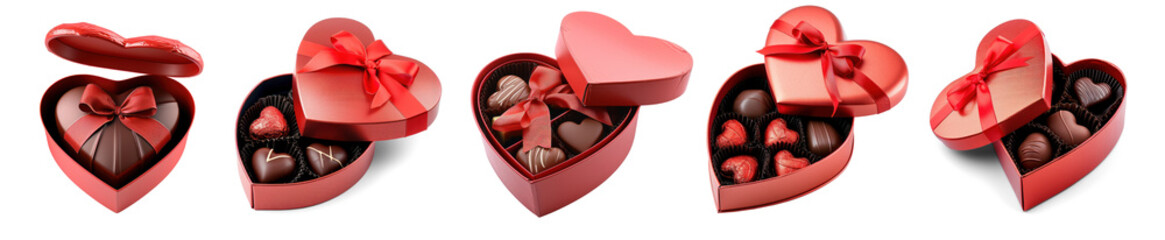 Collection of red heart shaped box with open lid and chocolate inside ribbon on isolate transparency background, PNG - Powered by Adobe