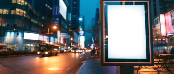 a blank white vertical digital billboard poster on a city street bus stop sign at night.