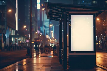 a blank white vertical digital billboard poster on a city street bus stop sign at night. - obrazy, fototapety, plakaty