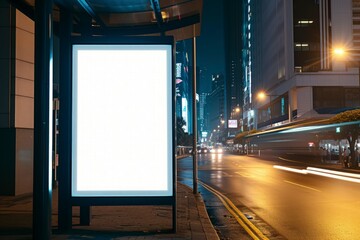 a blank white vertical digital billboard poster on a city street bus stop sign at night.