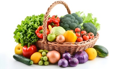 A big basket filled with various colorful fruits and vegetables isolated on white studio background