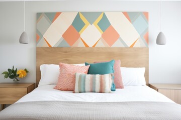 geometric wooden headboard in a welllit bedroom