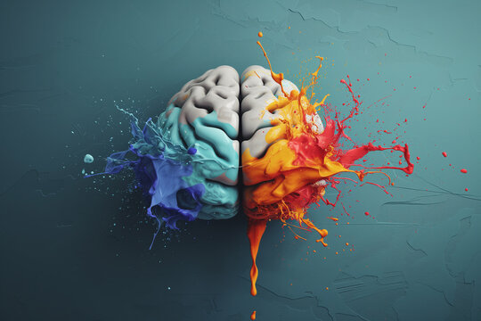 Internal Human Body Parts Damage. brain explosion with multicolored powder on a black background. Human brain with colorful smoke on dark background.