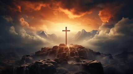 Holy cross symbolizing the death and resurrection of Jesus Christ with the sky over Golgotha Hill is shrouded in light and clouds. Apocalypse concept - obrazy, fototapety, plakaty