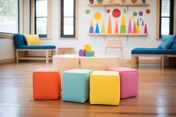 colorful cube poufs in a play area