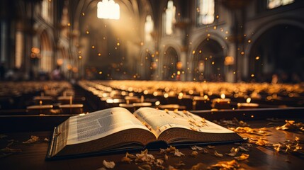 Open the Holy bible book with glowing lights in the church
