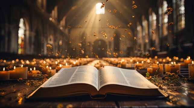 Open the Holy bible book with glowing lights in the church