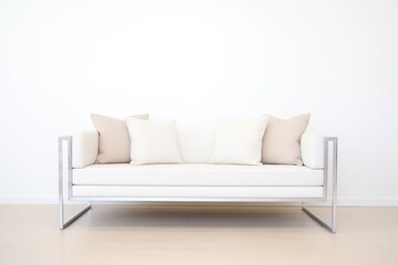 sleek minimalist sofa with chrome legs in white room