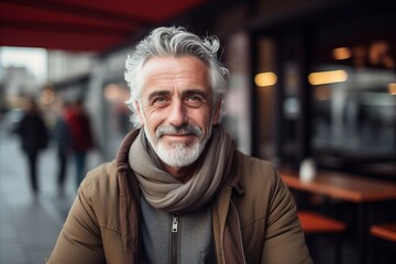 Portrait of a senior man with gray hair and a gray beard looking at the camera while standing in a cafe