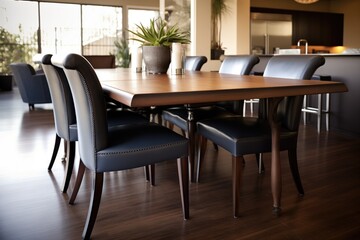 elegant dark wood table with highback leather chairs