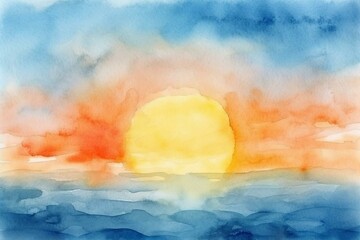 Abstract watercolor sunset sky with the sun over the horizon in orange and blue gradient on textured paper, drawn with a brush. Generative AI - obrazy, fototapety, plakaty