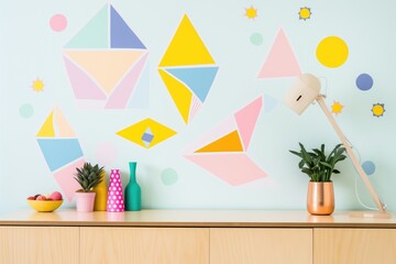 brightly colored geometric shapes decals, on a pastel wall