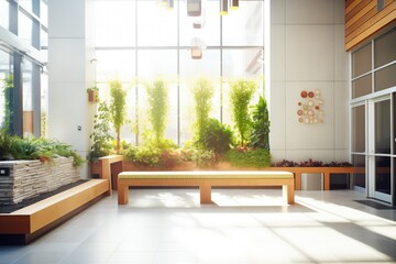 sunlit atrium with vertical garden and minimalist benches - obrazy, fototapety, plakaty
