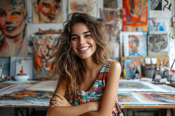 Portrait of young beautiful female artist sitting among her paint gallery, smiling with happiness and confidence in her face, created by generative AI