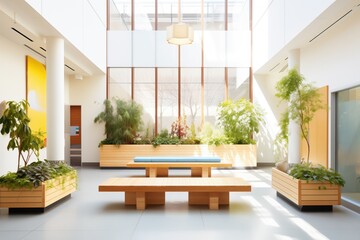 sunlit atrium with vertical garden and minimalist benches - obrazy, fototapety, plakaty