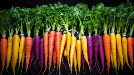 Vibrant carrots display a rainbow palette. From rich orange, yellow to deep purple, a colorful array of nature's hues in one crunchy garden delight. - obrazy, fototapety, plakaty