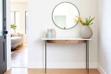 simplistic entryway with a slim console table and round mirror