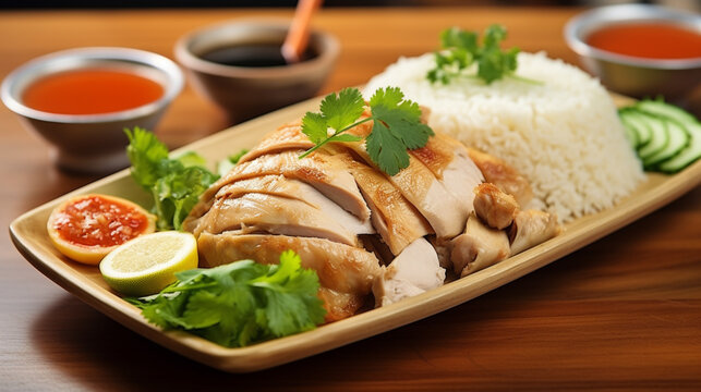 Golden-roasted chicken crowns Hainanese rice. Crispy skin meets tender meat, releasing a fragrant melody. The plate beckons with savory allure, a perfect harmony of textures and flavors.