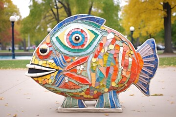 mosaic sculpture of a fish in a public park