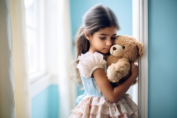 girl in a frilly dress hugging a teddy bear