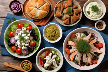 Mediterranean Feast. A tempting spread of traditional Greek delights  from vibrant salads to savory meze and mouthwatering fish. Top view on wood background.