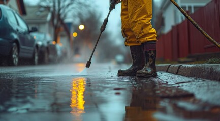 man power washing his road in wet weather with rain