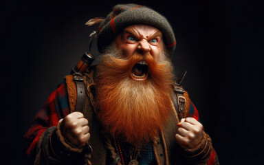 A bearded gnome with his mouth open shouts into the black background