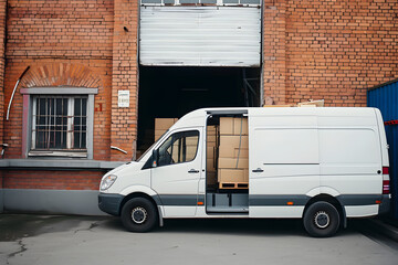 Photo from the side of white van waiting to load packages for further delivery to customers. Logistics and delivery concept