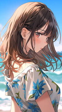 Hand drawn anime illustration of beautiful girl at the seaside
