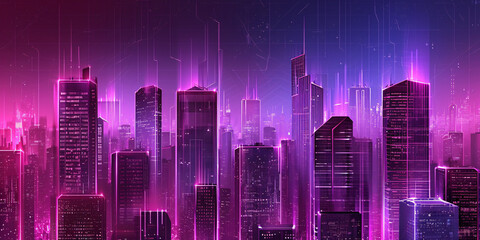 Futuristic Cityscape: A Neon-Lit Metropolis with Skyscrapers Illuminated in Vibrant Pink and Purple Hues, Perfect for Sci-Fi Enthusiasts and Digital Artists