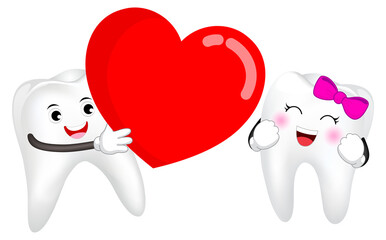 Tooth character with big red heart. Couple in love,  Happy Valentine's day concept. Illustration.