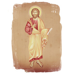 Savior Jesus with a scroll in his hand. Christian illustration in Byzantine style isolated